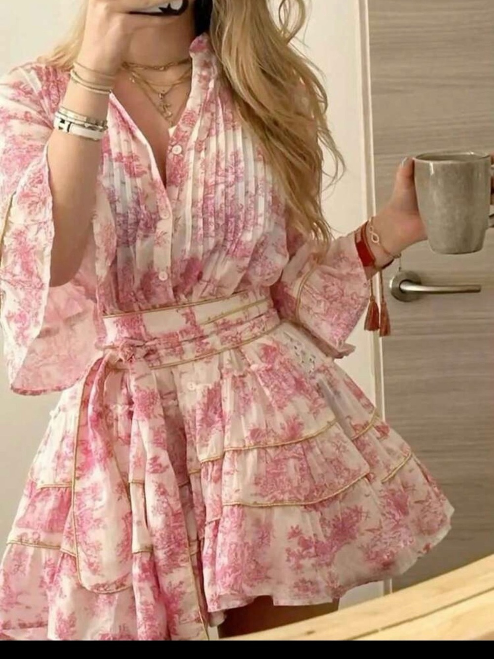 Women's Pink Floral Tiered Long Sleeve Dress